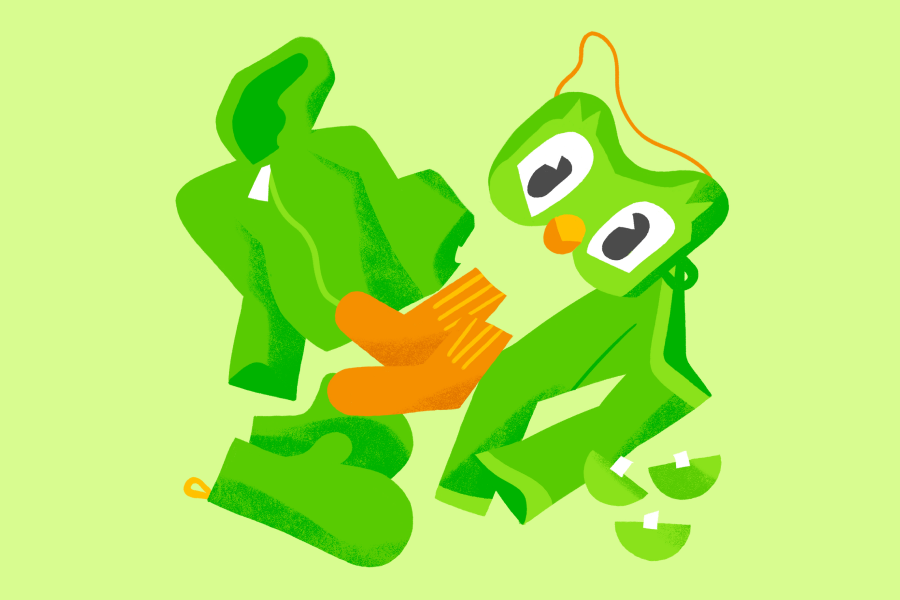 Ilustración de ropa verde (sudadera, pantalón y guantes), calcetas color naranja y una máscara de Duo