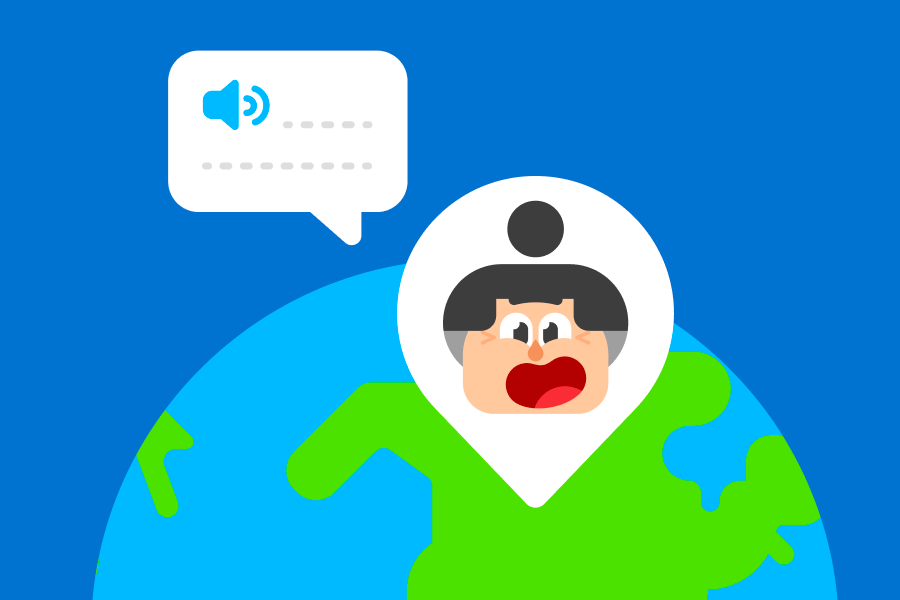 Globe terrestre montrant le Canada.  Lucie sourit dans une épingle de localisation, à côté d’une bulle de texte vide.