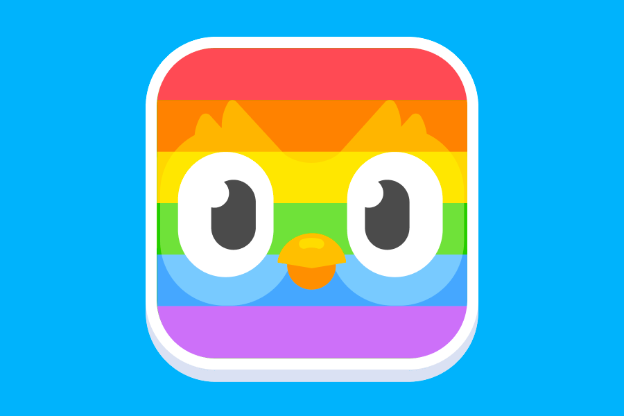 Ilustração do rosto da coruja Duo nos tons do arco-íris em um fundo azul.