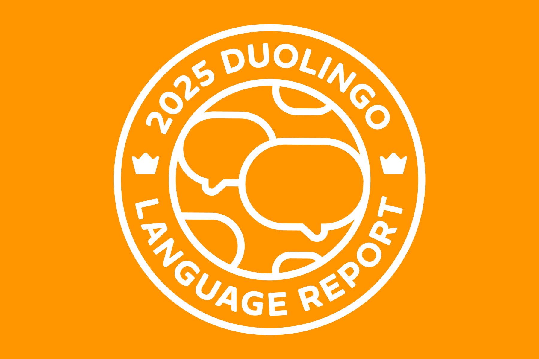 Les mots « Rapport Duolingo sur les langues 2025 » autour d’un globe terrestre avec des bulles de texte comme continents