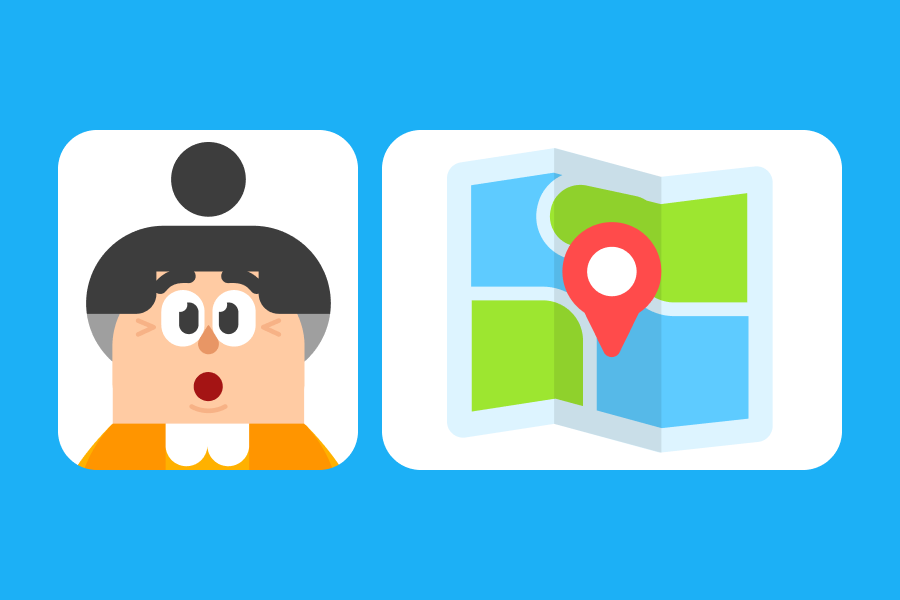 Abbildung von Lucy, die überrascht aussieht, neben der Illustration einer Landkarte