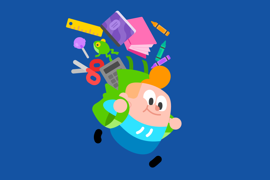 Ilustração do Júnior usando uma mochila aberta com os seus materiais escolares e a sua sapa de estimação caindo atrás dele.