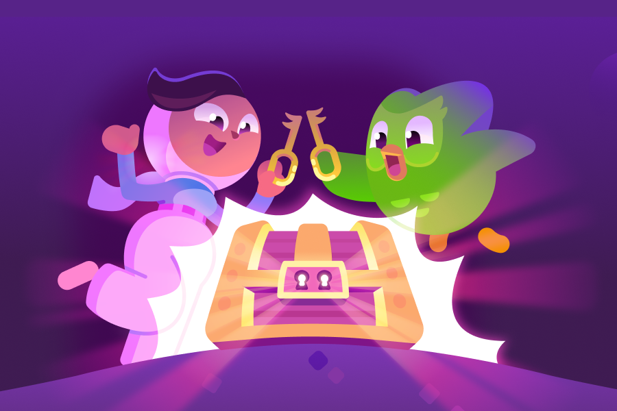 Duo and Zari jumping up as they use matching keys to unlock a glowing, gold and purple treasure chest.