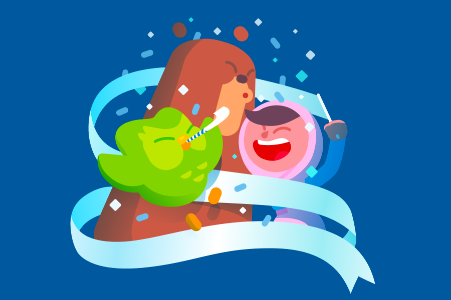 Ilustración de Duo el búho, Falstaff y Zari, reunidos en celebración