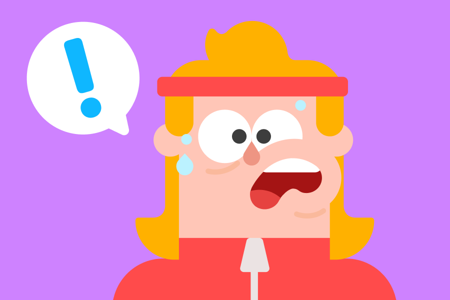 Eddy está estresado y transpira, a su lado hay una burbuja de diálogo con un signo de exclamación.