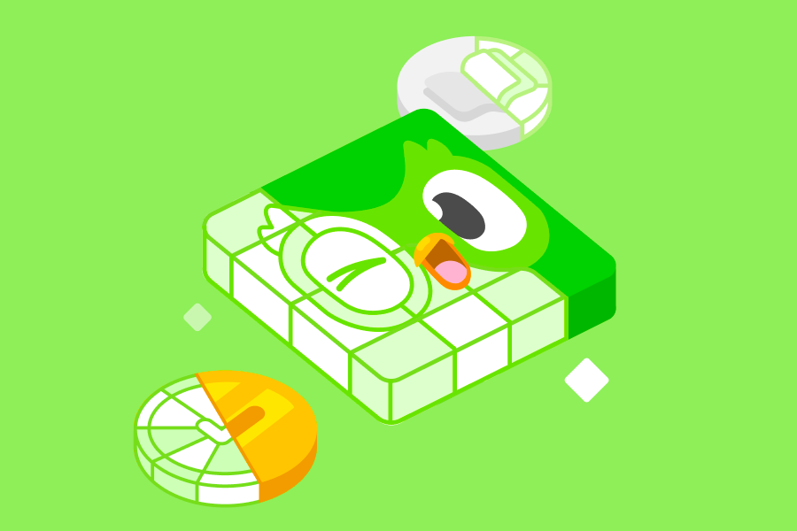 Illustration von drei Elementen des Duolingo-Lernpfads: ein Häkchen, ein offenes Buch und eine Kachel mit Duo, der zwinkert.