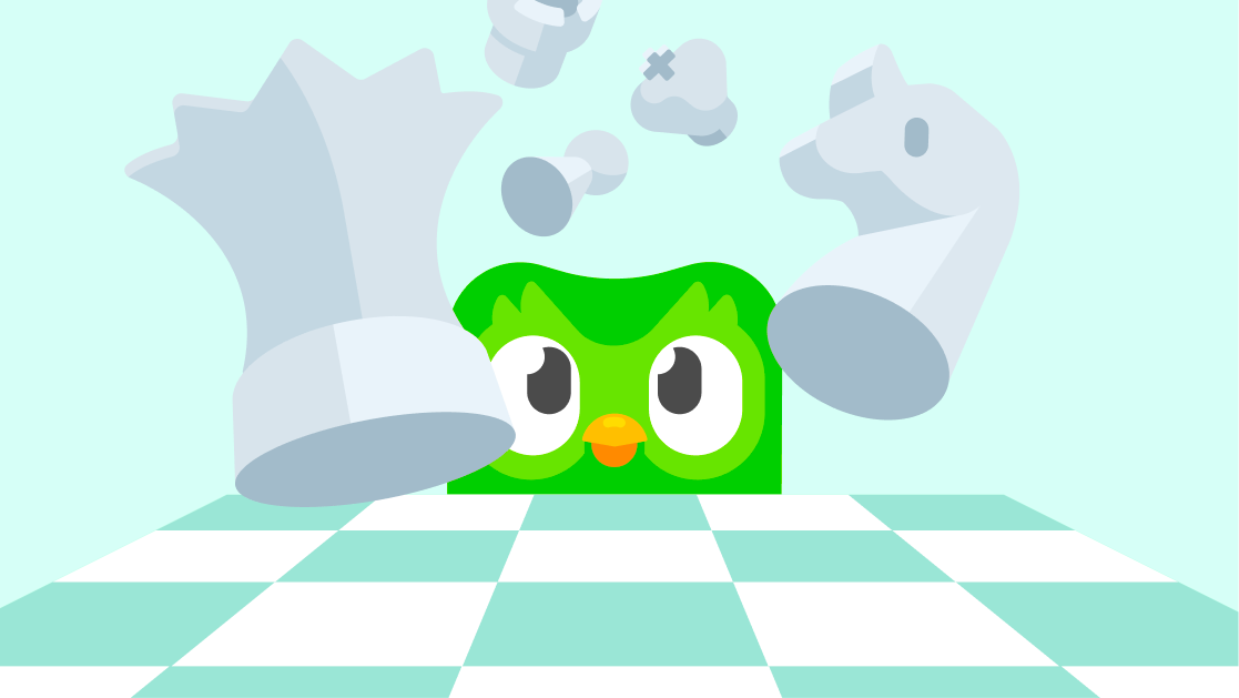 Duo the owl perched behind an empty chess board with chess pieces floating above the board and his head