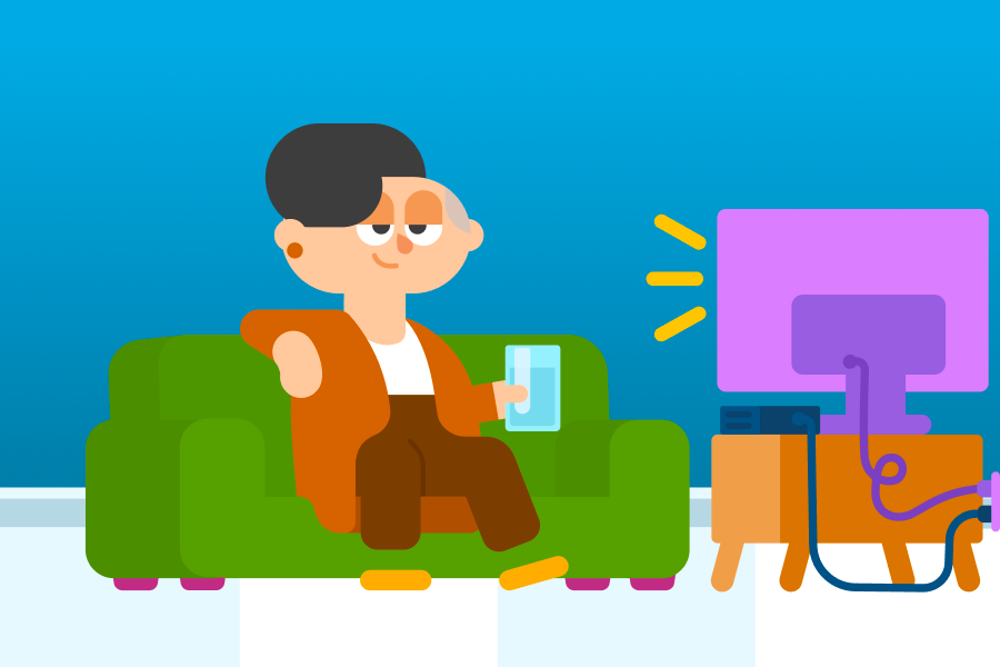 Illustration of Bea sitting on a sofa with a content face, watching TV