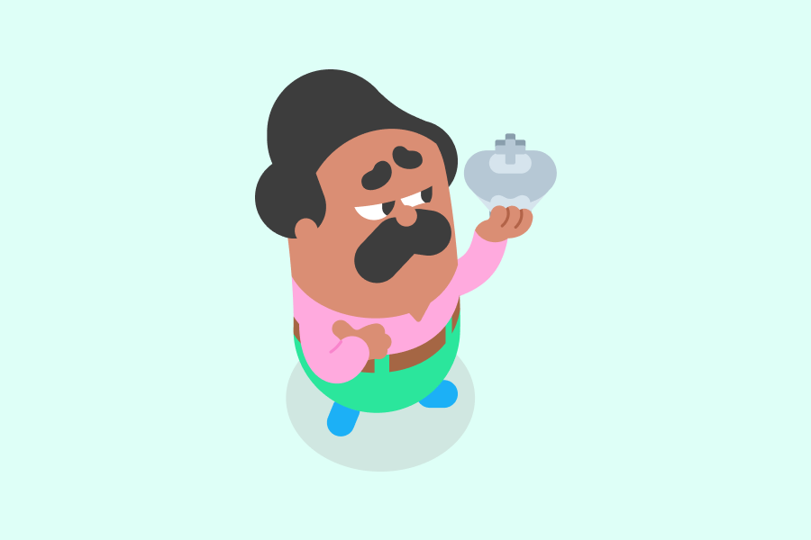 Duolingo character Oscar holding a king chess piece above him, with his hand over his heart