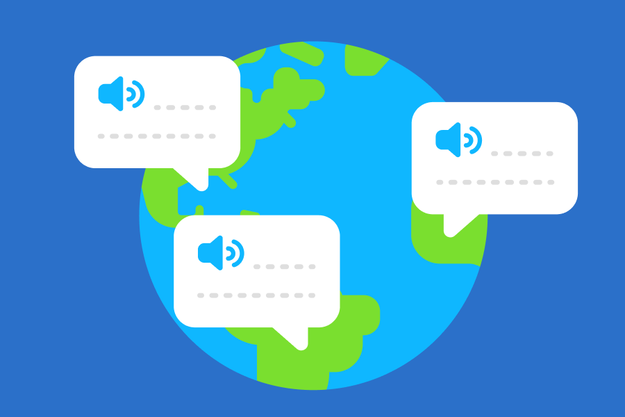 Illustration d’un globe terrestre. Trois bulles de texte apparaissent au-dessus de différents continents.