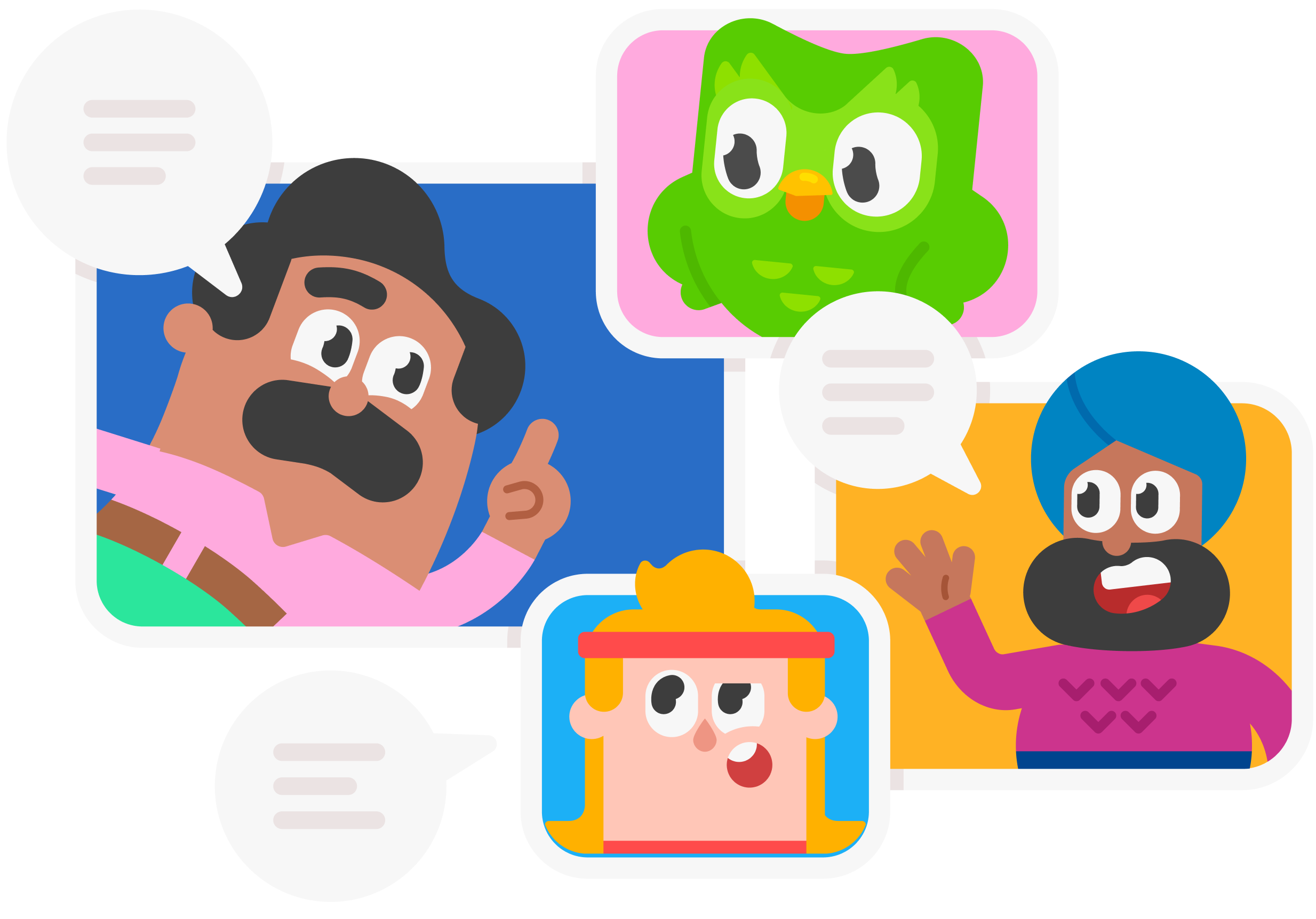 Duolingo characters in small boxes, each with a speech bubble to signal talking. Clockwise from top is: Duo, Vikram, Eddy, and Oscar.